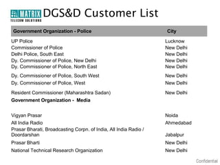 DGS&D Customer List
Government Organization - Police                                  City

UP Police                                                         Lucknow
Commissioner of Police                                            New Delhi
Delhi Police, South East                                          New Delhi
Dy. Commissioner of Police, New Delhi                             New Delhi
Dy. Commissioner of Police, North East                            New Delhi
Dy. Commissioner of Police, South West                            New Delhi
Dy. Commissioner of Police, West                                  New Delhi
Resident Commissioner (Maharashtra Sadan)                         New Delhi
Government Organization - Media


Vigyan Prasar                                                     Noida
All India Radio                                                   Ahmedabad
Prasar Bharati, Broadcasting Corpn. of India, All India Radio /
Doordarshan                                                       Jabalpur
Prasar Bharti                                                     New Delhi
National Technical Research Organization                          New Delhi
 