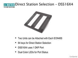 Direct Station Selection – DSS16X4




 Two Units can be Attached with Each EON48S
 64 keys for Direct Station Selection...