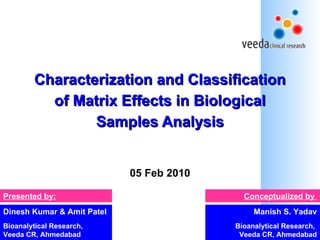 Characterization and Classification of Matrix Effects in Biological Samples Analysis 05 Feb 2010 Manish S. Yadav Bioanalytical Research,  Veeda CR, Ahmedabad Dinesh Kumar & Amit Patel Bioanalytical Research,  Veeda CR, Ahmedabad Presented by: Conceptualized by  
