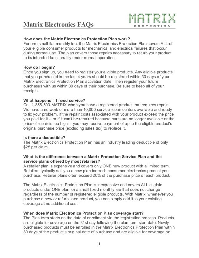 Matrix Electronics Protection Plan FAQs