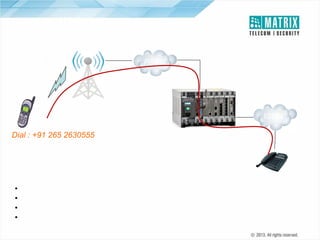 An Illustration
PSTN

ISDN
Dial : +91 265 2630555

•
•
•
•

Dial Number : +91 265 2630555 to access the system
Mobile Number : 9xxxx xxxxx programmed in DISA Authentication Table
System will give Dial tone directly (Class of Service can be defined)
Make an International Call through VoIP/ISDN Lines Available

 