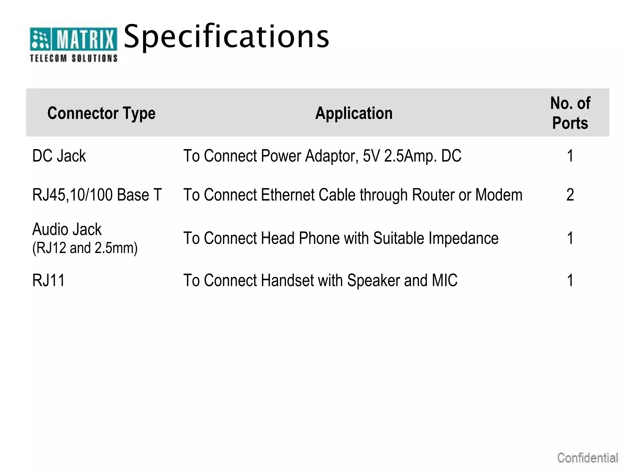 Specifications
                                                                         No. of
  Connector Type                        Application
                                                                         Ports
DC Jack              To Connect Power Adaptor, 5V 2.5Amp. DC               1

RJ45,10/100 Base T   To Connect Ethernet Cable through Router or Modem     2
Audio Jack
                     To Connect Head Phone with Suitable Impedance         1
(RJ12 and 2.5mm)

RJ11                 To Connect Handset with Speaker and MIC               1
 