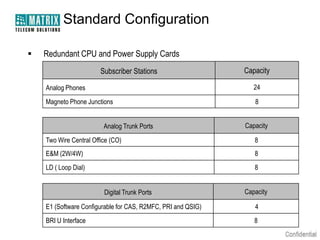 Standard Configuration

   Redundant CPU and Power Supply Cards
                        Subscriber Stations                   Capacity

    Analog Phones                                                24

    Magneto Phone Junctions                                      8


                         Analog Trunk Ports                   Capacity

    Two Wire Central Office (CO)                                 8
    E&M (2W/4W)                                                  8
    LD ( Loop Dial)                                              8


                         Digital Trunk Ports                  Capacity

    E1 (Software Configurable for CAS, R2MFC, PRI and QSIG)      4
    BRI U Interface                                              8
 