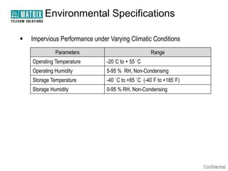 Environmental Specifications

   Impervious Performance under Varying Climatic Conditions
              Parameters                           Range
                                   .        .
    Operating Temperature       -20 C to + 55 C
    Operating Humidity          5-95 % RH, Non-Condensing
                                   .        .      .         .
    Storage Temperature         -40 C to +85 C (-40 F to +185 F)
    Storage Humidity            0-95 % RH, Non-Condensing
 