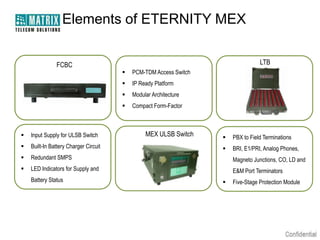 Elements of ETERNITY MEX


               FCBC                                                               LTB
                                          PCM-TDM Access Switch
                                          IP Ready Platform
                                          Modular Architecture
                                          Compact Form-Factor



   Input Supply for ULSB Switch                MEX ULSB Switch       PBX to Field Terminations
   Built-In Battery Charger Circuit                                  BRI, E1/PRI, Analog Phones,
   Redundant SMPS                                                     Magneto Junctions, CO, LD and
   LED Indicators for Supply and                                      E&M Port Terminators
    Battery Status                                                    Five-Stage Protection Module
 