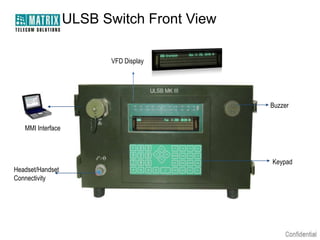 ULSB Switch Front View
VFD Display

Buzzer
MMI Interface

Headset/Handset
Connectivity

Keypad

 