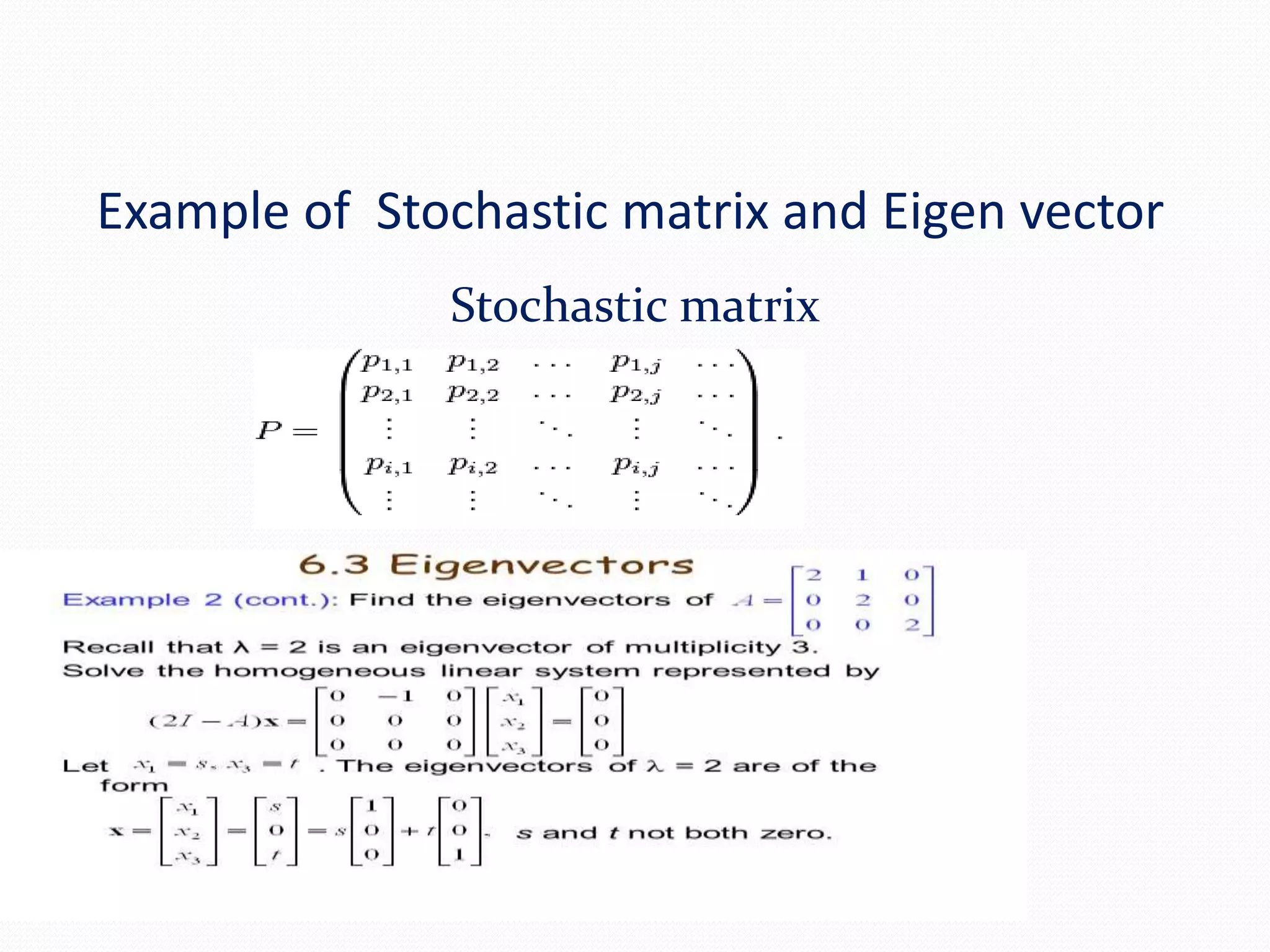 Example of Stochastic matrix and Eigen vector
Stochastic matrix
 