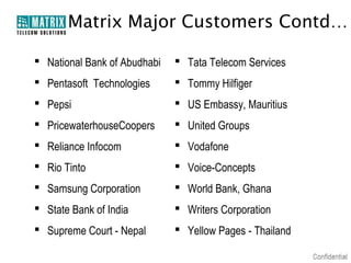 Matrix Major Customers Contd…
 National Bank of Abudhabi

 Tata Telecom Services

 Pentasoft Technologies

 Tommy Hilfiger

 Pepsi

 US Embassy, Mauritius

 PricewaterhouseCoopers

 United Groups

 Reliance Infocom

 Vodafone

 Rio Tinto

 Voice-Concepts

 Samsung Corporation

 World Bank, Ghana

 State Bank of India

 Writers Corporation

 Supreme Court - Nepal

 Yellow Pages - Thailand

 