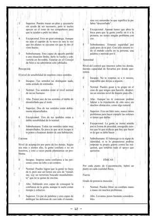 rara vez recuerdas lo que significa la pa-
3      Superior. Puedes trazar un plan y ejecutarlo                 labra “desconfiado”.
       sin ayuda de ser necesario, pero te sueles
       apoyar en el resto de tus compañeros para           4        Excepcional. Apenas tienes que abrir la
       que te ayuden a pulir tus ideas.                             boca para que la gente confíe en ti a la
                                                                    primera, no tienes ningún problema con
4      Excepcional. Eres un gran estratega. Aunque                  eso.
       no seas el capitán de tu nave es rara la vez
       que los planes se ejecutan sin que tú des el        5        Sobrehumano. Emanas seguridad por
       visto bueno.                                                 cada poro de tu piel. Con sólo mirarte to-
                                                                    do el mundo confía en tu persona, una
5      Sobrehumana. Eres capaz de sacarle partido                   palabra y morirán por ti.
       a una situación límite, darle la vuelta y con-
       vertirla en favorable. Estarías en el Consejo       Autoridad
       de Sión si no admitieran sólo jubilados.
                                                           Nivel del control que tenemos sobre los demás,
Percepción                                                 nuestra capacidad de llevarlos por donde que-
                                                           remos.
El nivel de sensibilidad de nuestros cinco sentidos.
                                                           0        Incapaz. No te respetas ni a ti mismo,
0      Incapaz. Tus sentidos no distinguen nada,                    imposible que dirijas a alguien.
       estás aislado de estímulos.
                                                           1        Normal. Puedes guiar a tu grupo en el
1      Normal. Tus sentidos están al nivel normal                   caso de que tengas que hacerlo, despier-
       de un ser humano.                                            tas un mínimo nivel de respeto para ello.

2      Alta. Tienes uno de tus sentidos el doble de        2        Alto. Aunque no te conozcan podrías
       desarrollado que el resto.                                   liderar a la tripulación de otra nave sin
                                                                    muchos obstáculos, como algo natural.
3      Superior. Dos de tus sentidos están doble-
       mente desarrollados.                                3        Superior. Eres un líder nato, nunca tienes
                                                                    problemas para hacer cumplir las ordenes
4      Excepcional. Tres de tus sentidos están a                    si tienes que darlas.
       doble sensibilidad de lo normal.
                                                           4        Excepcional. La gente se siente atraída
5      Sobrehumana. Todos tus sentidos están muy                    por tu forma de proceder, enseguida sien-
       desarrollados. Es poco lo que se te escapa si                ten que lo que tú dices que hay que hacer
       te pones a husmear dentro de una habitación.                 es lo que se debe hacer.

Carisma                                                    5        Sobrehumano. El liderazgo es tu signo de
                                                                    identidad, si te lo propusieras podrías
Nivel de aceptación por parte de los demás. Según                   empezar tu propia guerra contra las má-
sea más o menos alto, la gente confiará o no en                     quinas, que tendrías todo el apoyo que
nosotros, y esto a veces puede plantearnos un pro-                  quisieras.
blema.

0      Incapaz. Inspiras tanta confianza a las per-                             FÍSICAS
       sonas como un lobo a un cordero.
                                                           Por cada punto de Concentración, habrá un
1      Normal. Puedes lograr que la gente no huya          punto en cada cualidad física.
       de ti, pero aun así tienes ese aire de “mirad-
       me, soy un terrorista buscado mundialmen-           Fuerza
       te” que no te quitas de encima.
                                                           Grado de potencia muscular.
2      Alto. Hablando eres capaz de conseguir la
       confianza de la gente, aunque te suele costar       1        Normal. Puedes librar un combate mano
       tiempo y esfuerzo.                                           a mano sin muchos problemas.

3      Superior. Un par de palabras y eres capaz de        2        Alto. Levantas pesos bastante considera-
       doblegar las defensas de casi todo el mundo,                 bles.


                                                  — 12 —
 