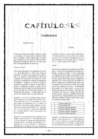 CAPÍTULO                                                           6
                                           Combates

              Esquiva esto.

                                                                              – Trinity


Existen dos maneras de luchar, cuerpo a cuerpo        es fácil de anticipar, así que baja la dificultad a
y con armas, y en cada caso el sistema de com-        7. El dado marca 6, con lo cual recibe el daño.
bate es distinto, aunque básicamente el mismo         En este caso, a la Fuerza del enemigo (3) se le
que utilizamos en las acciones convencionales.        resta la Resistencia del aliado (2), con resulta-
Seguiremos utilizando dados de 12 caras, pero         do 1, + 1 daño seguro, total 2 daños.
uno o dos dependiendo de cada caso.
                                                      Armas
Cuerpo a cuerpo
                                                      En este caso sumaremos los parámetros de Des-
Para atacar sumaremos los parámetros de Fuer-         treza + Armas de Fuego/Blancas/Arrojadizas, o
za + Artes Marciales y a doce se le restará el        Fuerza + Cuerpo a Cuerpo. A 12 le restaremos
resultado. El número que salga será la dificul-       el resultado de dicha suma y lanzaremos 1D12
tad, y se lanzará a continuación un dado que          por cada arma que usemos en la acción (máxi-
simboliza el movimiento en cuestión. A conti-         mo dos, una en cada mano), que se contarán por
nuación, el contrincante sumará los parámetros        separado. En el caso de que no sea posible es-
de Reflejos + Esquivar y a doce le restará el         quivar el ataque por la naturaleza del arma, o no
resultado. Se lanzará el dado y si éste iguala o      se tenga éxito al intentarlo, el daño que reciba
supera su dificultad, esquiva el golpe; si no,        será el que establezca el arma – la Resistencia
tendrá que recibir el daño, el cual será estableci-   del atacado. Si el dado marca 1 en una de las
do por la resta de la Fuerza del atacante – la        armas sólo fracasa dicha arma, y dado que por
Resistencia del atacado + 1 daño seguro por el        lo general las armas son menos precisas que
acierto. Si el dado marca 1 la acción fracasa.        nuestros puños y piernas, y también más letales,
                                                      la suerte tiene su papel también aquí. Se lanzará
Ejemplo 1: uno de los enemigos lanza una pa-          1D6 para establecer dónde caerá el daño según
tada voladora a un aliado; suma Fuerza (4) +          las siguientes puntuaciones:
Artes Marciales (2). A 12 le restamos 6, con lo
cual queda una dificultad de 6. Al lanzar el              1      Cabeza (Daño x2)
dado sale 8. El golpe va bien dirigido. A conti-          2      Torso (Daño x2)
nuación, el aliado suma Reflejos (3) + Esquivar           3      Extremo superior derecho
(2). A 12 le restamos 5 y queda una dificultad            4      Extremo inferior derecho
de 7. El dado marca 8, con lo cual esquiva con            5      Extremo superior izquierdo
éxito la patada.                                          6      Extremo inferior derecho
Ejemplo 2: un enemigo lanza un puñetazo a un          Ejemplo: un aliado ataca a un enemigo con una
aliado; suma Fuerza (3) + Artes Marciales (3).        espada; suma Destreza (4) + Armas Blancas
A 12 le restamos 6 y queda una dificultad de 6.       (4). A 12 le restamos 8 y queda una dificultad
El dado marca 7. El aliado suma Reflejos (2) +        de 4. El dado marca 9. El ataque va bien dirigi-
Esquivar (1). A 12 le restamos 3 y queda una          do. El enemigo intenta esquivar con Reflejos (3)
dificultad de 9. El Master cree que el puñetazo

                                                 — 21 —
 