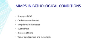 MMPS IN PATHOLOGICAL CONDITIONS
▪ Diseases of CNS
▪ Cardiovascular diseases
▪ Lung fibroblastic disease
▪ Liver fibrosis
▪ Diseases of bone
▪ Tumor development and metastasis
 