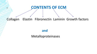 ▪ CONTENTS OF ECM
Collagen Elastin Fibronectin Laminin Growth factors
and
Metalloproteinases
 