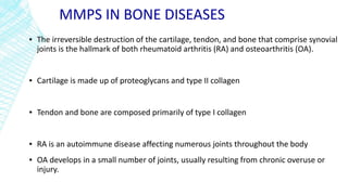 MMPS IN BONE DISEASES
▪ The irreversible destruction of the cartilage, tendon, and bone that comprise synovial
joints is the hallmark of both rheumatoid arthritis (RA) and osteoarthritis (OA).
▪ Cartilage is made up of proteoglycans and type II collagen
▪ Tendon and bone are composed primarily of type I collagen
▪ RA is an autoimmune disease affecting numerous joints throughout the body
▪ OA develops in a small number of joints, usually resulting from chronic overuse or
injury.
 