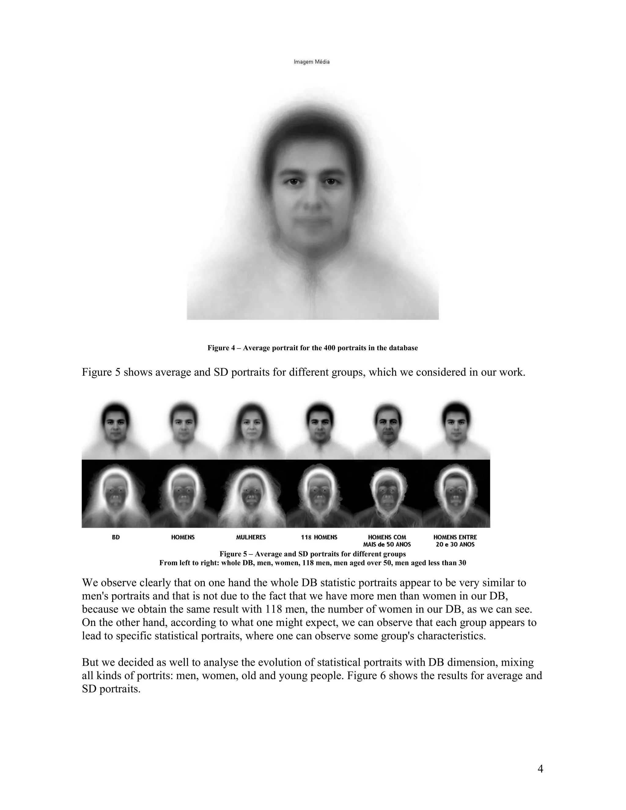 Figure 4 – Average portrait for the 400 portraits in the database


Figure 5 shows average and SD portraits for different groups, which we considered in our work.




                                   Figure 5 – Average and SD portraits for different groups
                From left to right: whole DB, men, women, 118 men, men aged over 50, men aged less than 30

We observe clearly that on one hand the whole DB statistic portraits appear to be very similar to
men's portraits and that is not due to the fact that we have more men than women in our DB,
because we obtain the same result with 118 men, the number of women in our DB, as we can see.
On the other hand, according to what one might expect, we can observe that each group appears to
lead to specific statistical portraits, where one can observe some group's characteristics.

But we decided as well to analyse the evolution of statistical portraits with DB dimension, mixing
all kinds of portrits: men, women, old and young people. Figure 6 shows the results for average and
SD portraits.




                                                                                                             4
 