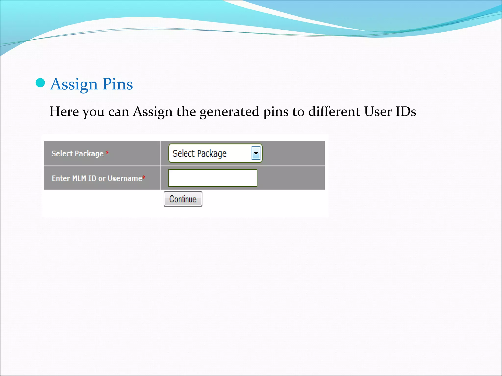 Assign Pins
Here you can Assign the generated pins to different User IDs
 