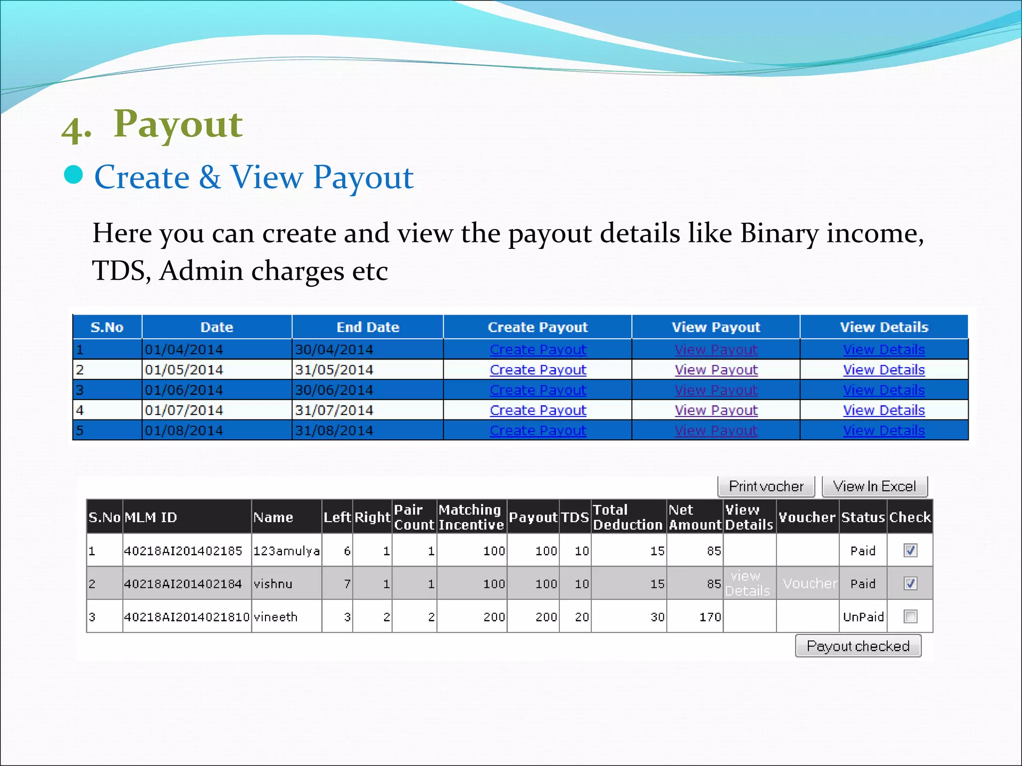 4. Payout
Create & View Payout
Here you can create and view the payout details like Binary income,
TDS, Admin charges etc
 