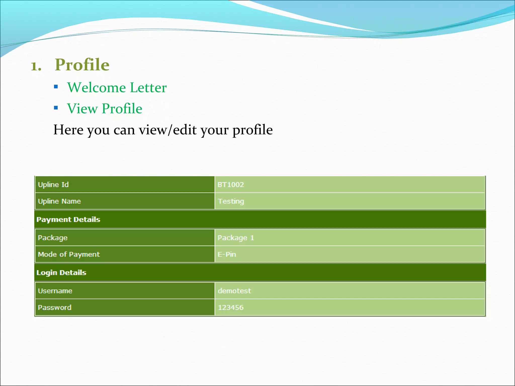1. Profile
 Welcome Letter
 View Profile
Here you can view/edit your profile
 