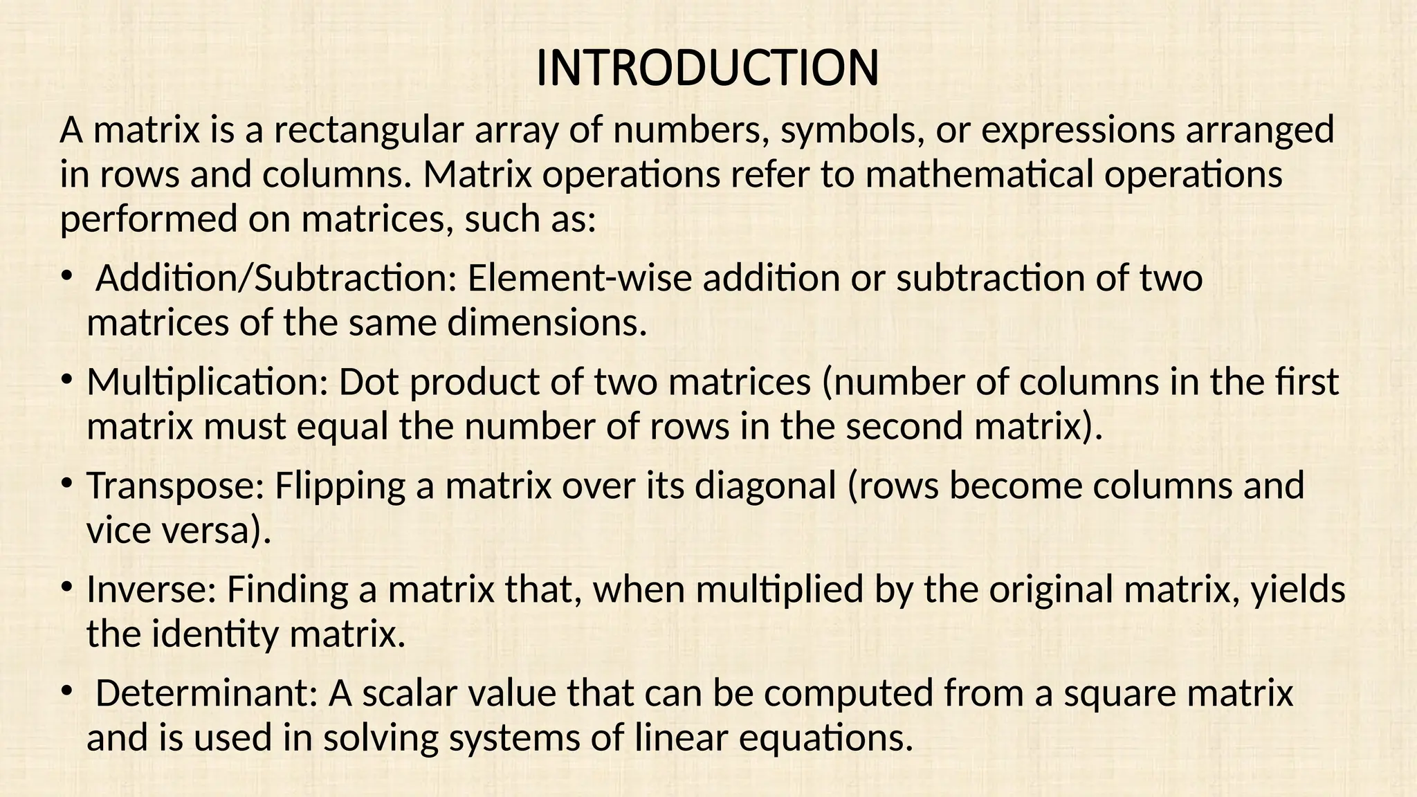 MATRIX OPERATIONS IN SPREADSHEETS- M S Excel | PPTX