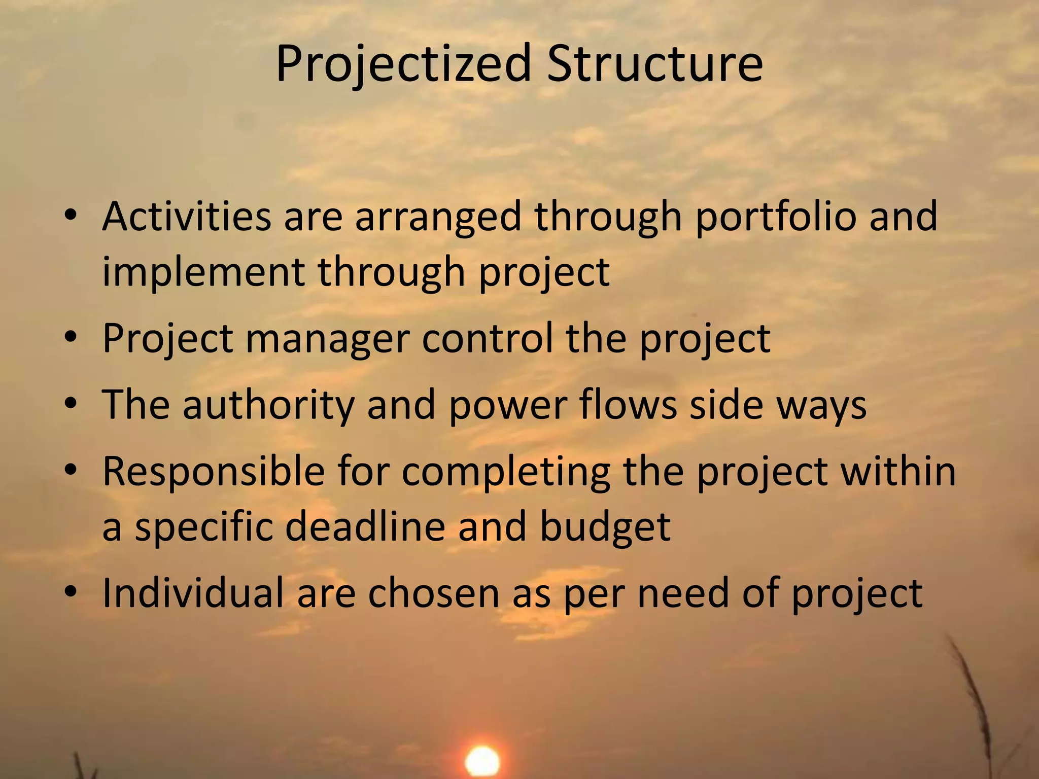 Projectized Structure 
• Activities are arranged through portfolio and 
implement through project 
• Project manager control the project 
• The authority and power flows side ways 
• Responsible for completing the project within 
a specific deadline and budget 
• Individual are chosen as per need of project 
 