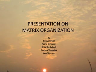 PRESENTATION ON 
MATRIX ORGANIZATION 
By 
Binaya Silwal 
Rasna Chitrakar 
Kritartha Subedi 
Aashma Thapaliya 
Yasuf Gurung 
 
