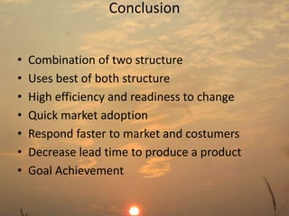 Conclusion 
• Combination of two structure 
• Uses best of both structure 
• High efficiency and readiness to change 
• Quick market adoption 
• Respond faster to market and costumers 
• Decrease lead time to produce a product 
• Goal Achievement 
