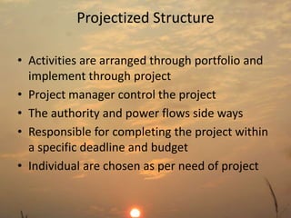 Projectized Structure 
• Activities are arranged through portfolio and 
implement through project 
• Project manager control the project 
• The authority and power flows side ways 
• Responsible for completing the project within 
a specific deadline and budget 
• Individual are chosen as per need of project 
 