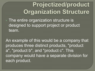 

The entire organization structure is
designed to support project or product
team.

An example of this would be a company that
produces three distinct products, "product
a", "product b", and "product c". This
company would have a separate division for
each product.

 
