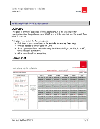 Matrix Page Specification Template 
MIMS Matrix 
Matrix Page God View Specification 
Overview 
This page is primarily dedicated to Mota operations. It is the launch pad for 
investigations into the performance of MIMS, and a bird’s eye view into the world of our 
Vehicle Sources. 
This page must satisfy the following goals: 
· Drill down to secondary levels – the Vehicle Source by Fleet page 
· Provide access to unique (one off) VINs 
· Show up-to-the-minute results of every vehicle according to Vehicle Source ID, 
which includes summaries. 
· Allow users to upload a new fleet 
Screenshot 
Date Last Modified: 9/7/2014 1 of 16 
 