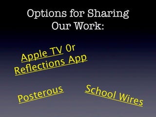 Options for Sharing
       Our Work:

          TV  0r
 Ap ple         pp
      ct io nsA
Re ﬂe

          us     Scho
   ste ro             o   l Wir
Po                              es
 