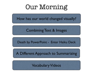 Our Morning
How has our world changed visually?

     Combining Text & Images

Death by PowerPoint - Enter Haiku Deck


A Different Approach to Summarizing

         Vocabulary Videos
 