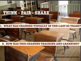 THINK - PAIR - SHARE

1. WHAT HAS CHANGED VISUALLY IN THE LAST 20 YEARS?




 2. HOW HAS THIS CHANGED TEACHING AND LEARNING?




                            HTTP://WWW.FLICKR.COM/PHOTOS/WFRYER/1013633841/IN/PHOTOSTREAM/
 