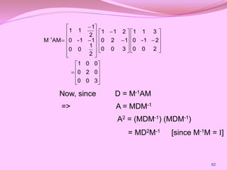 



















































3
0
0
0
2
0
0
0
1
2
0
0
2
1
-
0
3
1
1
3
0
0
1
2
0
2
1
1
2
1
0
0
1
1
-
0
2
1
1
1
AM
M 1
62
Now, since D = M-1AM
=> A = MDM-1
A2 = (MDM-1) (MDM-1)
= MD2M-1 [since M-1M = I]
 