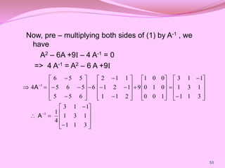 Now, pre – multiplying both sides of (1) by A-1 , we
have
A2 – 6A +9I – 4 A-1 = 0
=> 4 A-1 = A2 – 6 A +9I







































































3
1
1
1
3
1
1
1
3
4
1
3
1
1
1
3
1
1
1
3
1
0
0
0
1
0
0
0
1
9
2
1
1
1
2
1
1
1
2
6
6
5
5
5
6
5
5
5
6
4
1
1
A
A
53
 