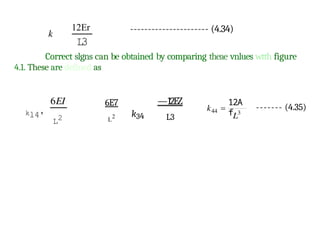 12Er ---------------------- (4.34)
L
3
Correct slgns can be obtained by comparing theae vnlues wtth figure
4.1. These are defined as
kl4'
L2
6E7
L
2 k34
—12EZ
L3
12A
f
------- (4.35)
 