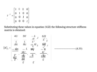 — hEl —
6£/
12F
q/ — 12
£/
L‘’ ' L’ ' L’ ' L’ '
4E/ 2€f — h
Al
L L L"
T
T
,
0 (
)
1 0
0 1
0 0
Substituting these values in equation (4.53) the following structure stiffness
matrix is obtained:
L
"
L
2
2E/ 4E/ — EI
.1
6Ef
.1
L L
.
I
6E/
.
TEI — I
2EI
L’ L’
I 2EI
L’
_ L
‘’
(4.55)
 