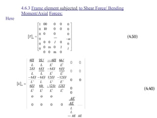 L’ L L' E’
6EI 6fr - l2fr 12EI
o
0
o
0
o
0 0
Here
4.6.3 Frame element subjected to Shear Force/ Bending
Moment/Axial Forces:
00 0 0
10 0 0
0 0
—
0 0 1 0
0 m 0 1
0 0 m 0
4EI 2£/ — 6EI 66/
0 0
0 0
0 0
0
0
AE
AE
L
L
— AE AE
(4.50)
(4.40)
 