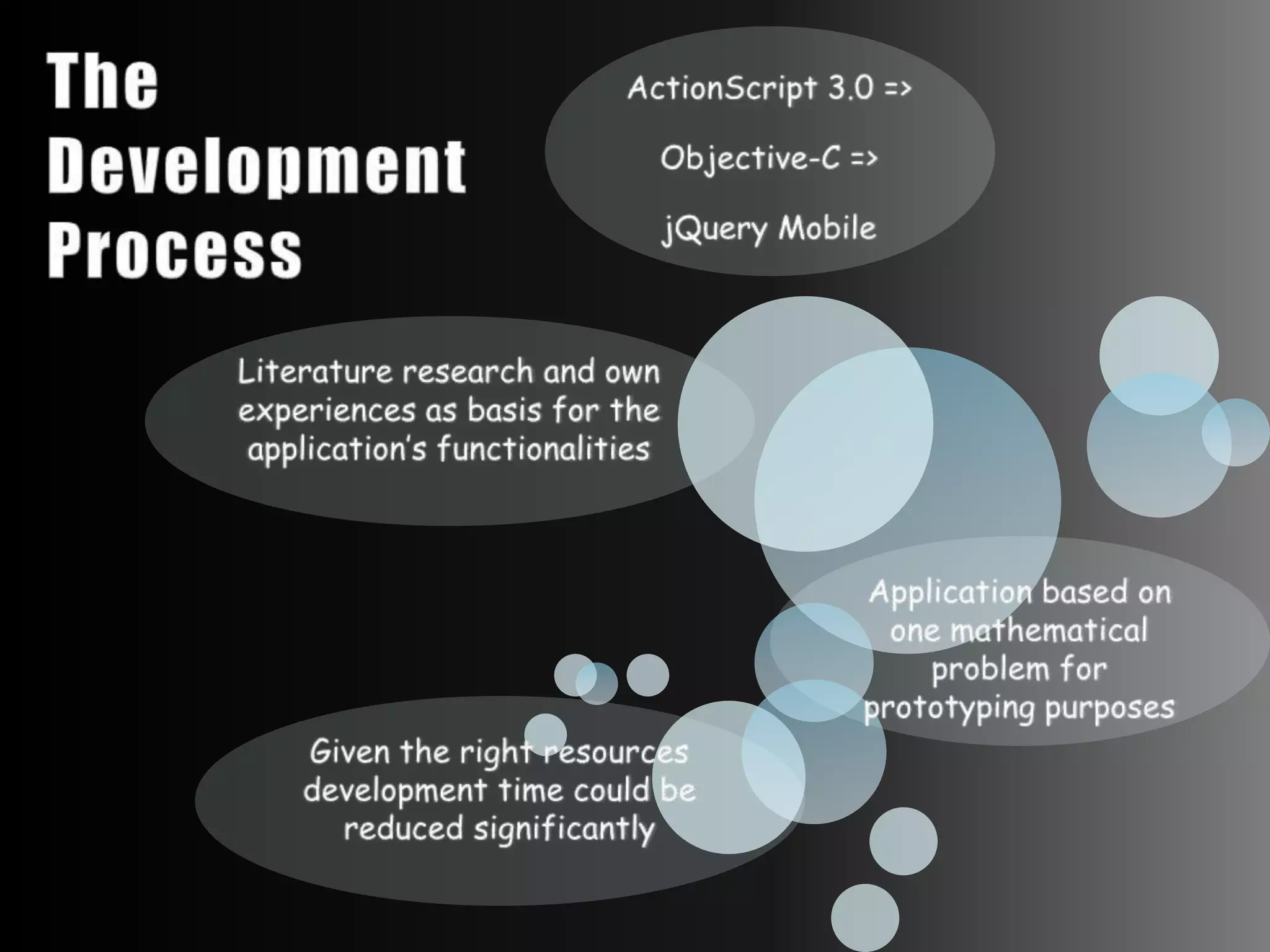 ActionScript 3.0 =>Objective-C =>jQuery MobileThe Development ProcessLiterature research and own experiences as basis for the application’s functionalitiesApplication based on one mathematical problem for prototyping purposesGiven the right resources development time could be reduced significantly