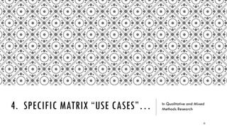 QUERIES FOLDER STORAGE
Matrix queries are stored
in the Queries folder…
(unless saved elsewhere
by the researcher)
23
 