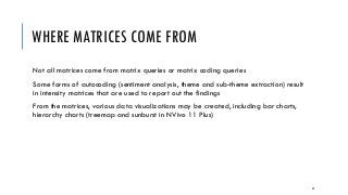 WHERE MATRICES COME FROM
Not all matrices come from matrix queries or matrix coding queries
Some forms of autocoding (sentiment analysis, theme and sub-theme extraction) result
in intensity matrices that are used to report out the findings
From the matrices, various data visualizations may be created, including bar charts,
hierarchy charts (treemap and sunburst in NVivo 11 Plus)
49
 