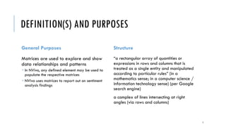 DEFINITION(S) AND PURPOSES
General Purposes
Matrices are used to explore and show
data relationships and patterns
 In NVivo, any defined element may be used to
populate the respective matrices
 NVivo uses (intensity) matrices to report out on
sentiment analysis autocoding findings
 NVivo 11 Plus uses (intensity) matrices to report
out on theme and subtheme autocoding findings
Structure
“a rectangular array of quantities or
expressions in rows and columns that is
treated as a single entity and manipulated
according to particular rules” (in a
mathematics sense; in a computer science /
information technology sense) (per Google
search engine)
a complex of lines intersecting at right
angles (via rows and columns)
5
 