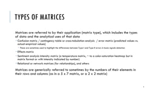 MATRICES ARE ABOUT RELATIONSHIPS
Types of Common Relationships found in Matrices:
 hierarchical such as general to specific, topic to subtopic,
 within the set of, part of a type, contained within, found within
 included with, co-occurring with,
 associated with (some relationship but not fully defined)
 appearing in close proximity with,
 similar to, related by likeness
 different from (orthogonally unrelated)
6
 