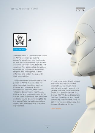 A recent trend is the democratization
of AI/ML technology, putting
powerful algorithms into the hands
of just about anyone through widely
available software APIs, toolkits and
services. This accelerates disruption,
empowering companies small and
large to add intelligence to their
offerings and widen the gap with
their competition.
The pattern matching and predictive
power of AI/ML make it ideal for
data-intensive industries such as
Finance and Insurance, Retail,
Professional Services, Media and
Telecom, Government, Healthcare,
Education and Manufacturing. AI/ML
can be used to develop new products
and services, to discover insights, to
increase efficiency and automation,
and to add intelligence to customer
experiences.
It’s not hyperbole: AI will impact
every industry much like the
Internet has, but much more
quickly and broadly since it is a
general purpose force multiplier.
When AI is combined with IoT,
drones, AR/VR, bots, blockchain,
robotics, 3D printing and cloud
computing, we have the tools to
achieve what was previously the
domain of science fiction.
Colin Angel
8
D E N T S U A E G I S T E C H M AT R I X
AI
FUTURE BET
 