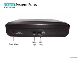 System Ports




                WAN    LAN
Power Adaptor   Port   Port
 