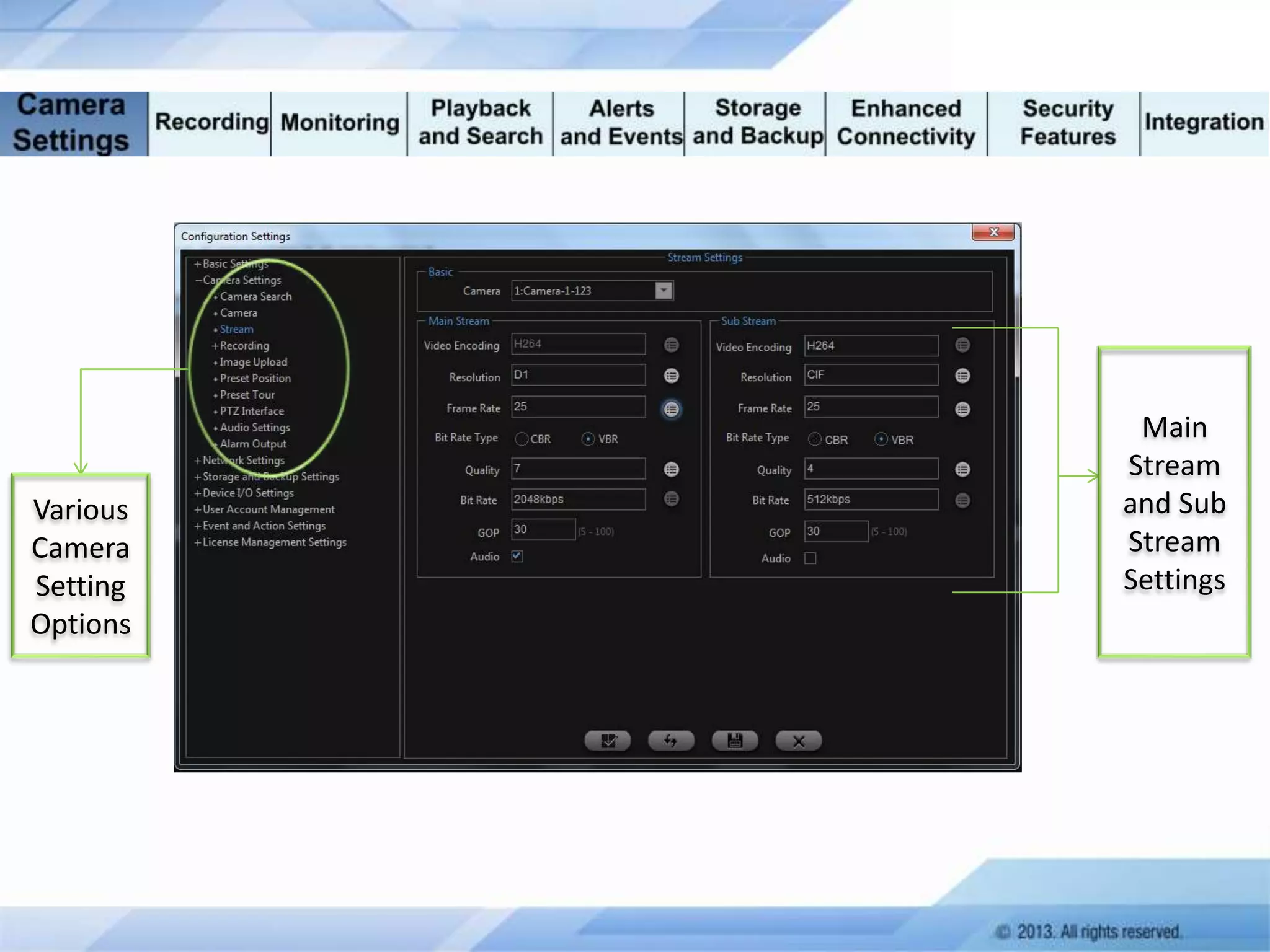 Various
Camera
Setting
Options

Main
Stream
and Sub
Stream
Settings

 