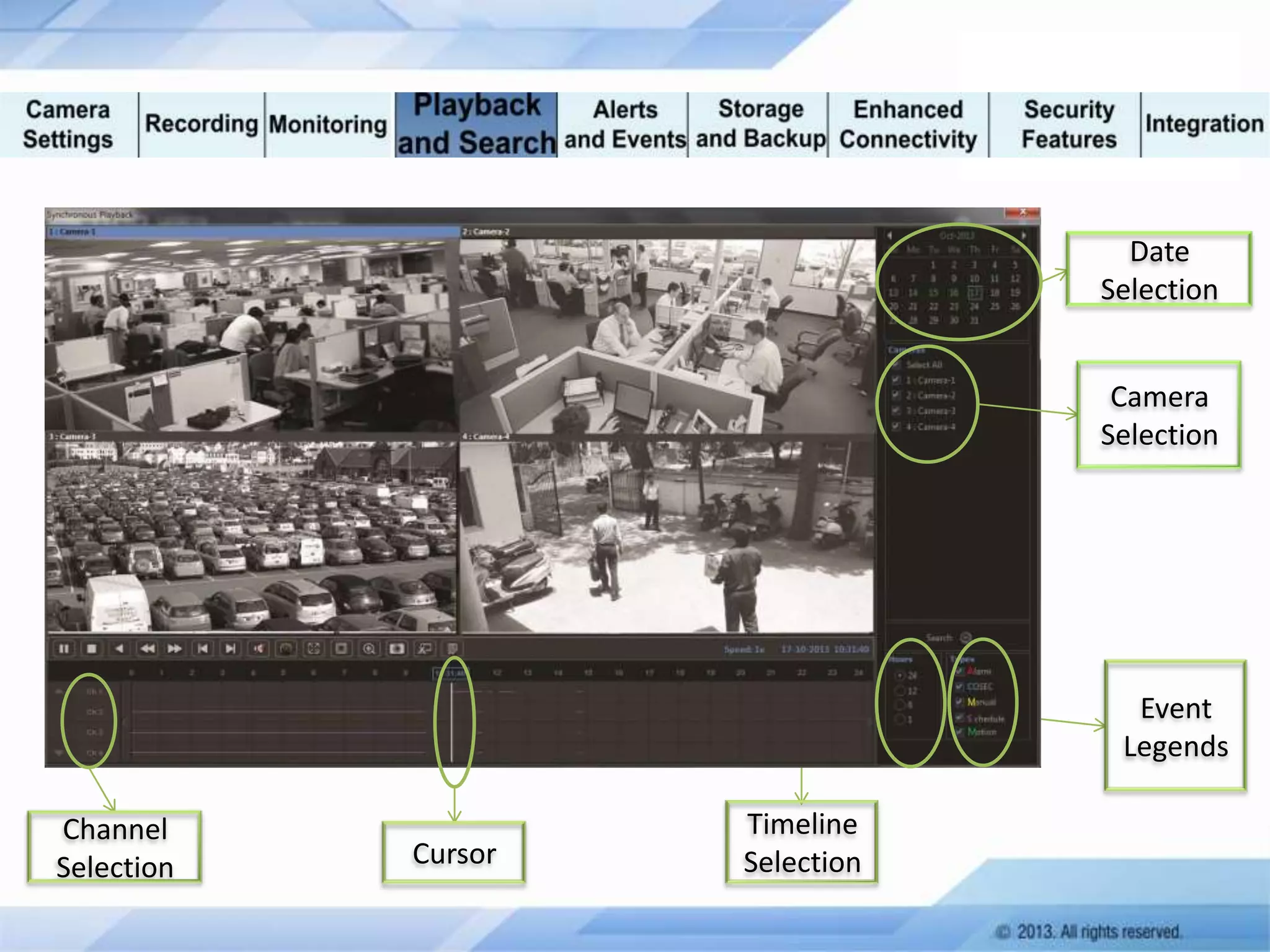 Date
Selection
Camera
Selection

Event
Legends
Channel
Selection

Cursor

Timeline
Selection

 
