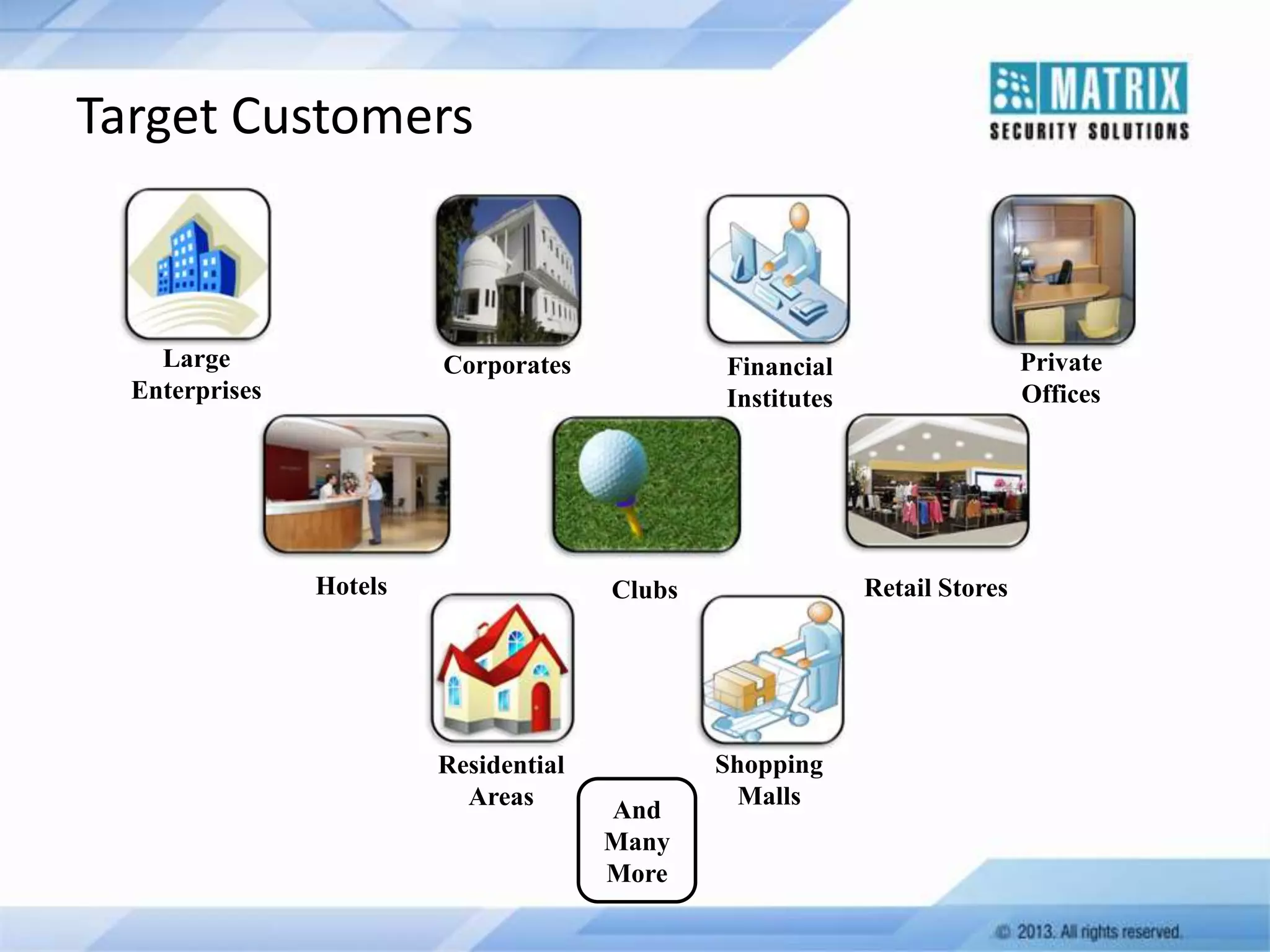 Target Customers

Large
Enterprises

Corporates

Hotels

Retail Stores

Clubs

Residential
Areas

Private
Offices

Financial
Institutes

And
Many
More

Shopping
Malls

 