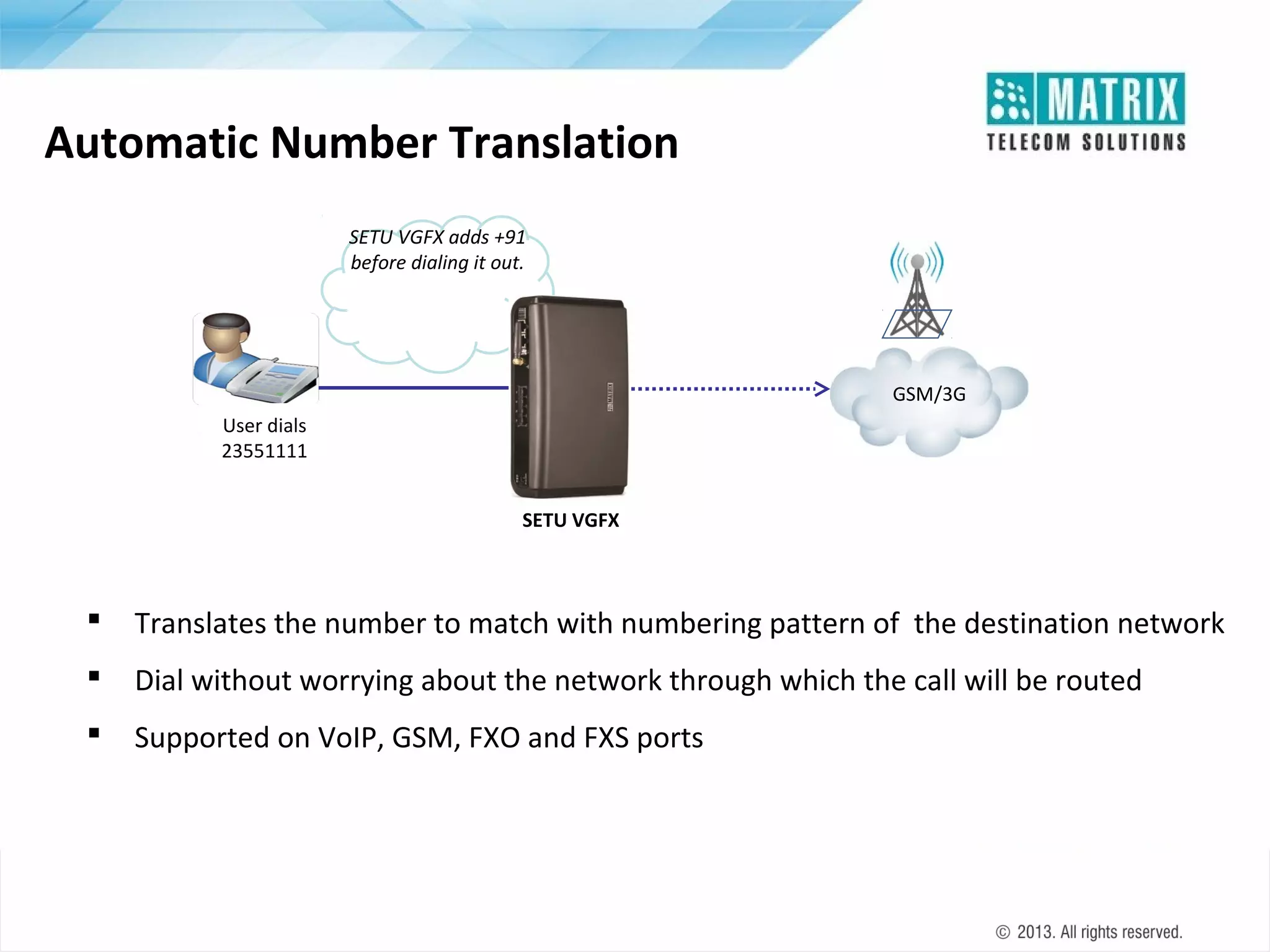 Automatic Number Translation
SETU VGFX adds +91
before dialing it out.

GSM/3G
User dials
23551111
SETU VGFX



Translates the number to match with numbering pattern of the destination network



Dial without worrying about the network through which the call will be routed



Supported on VoIP, GSM, FXO and FXS ports

 