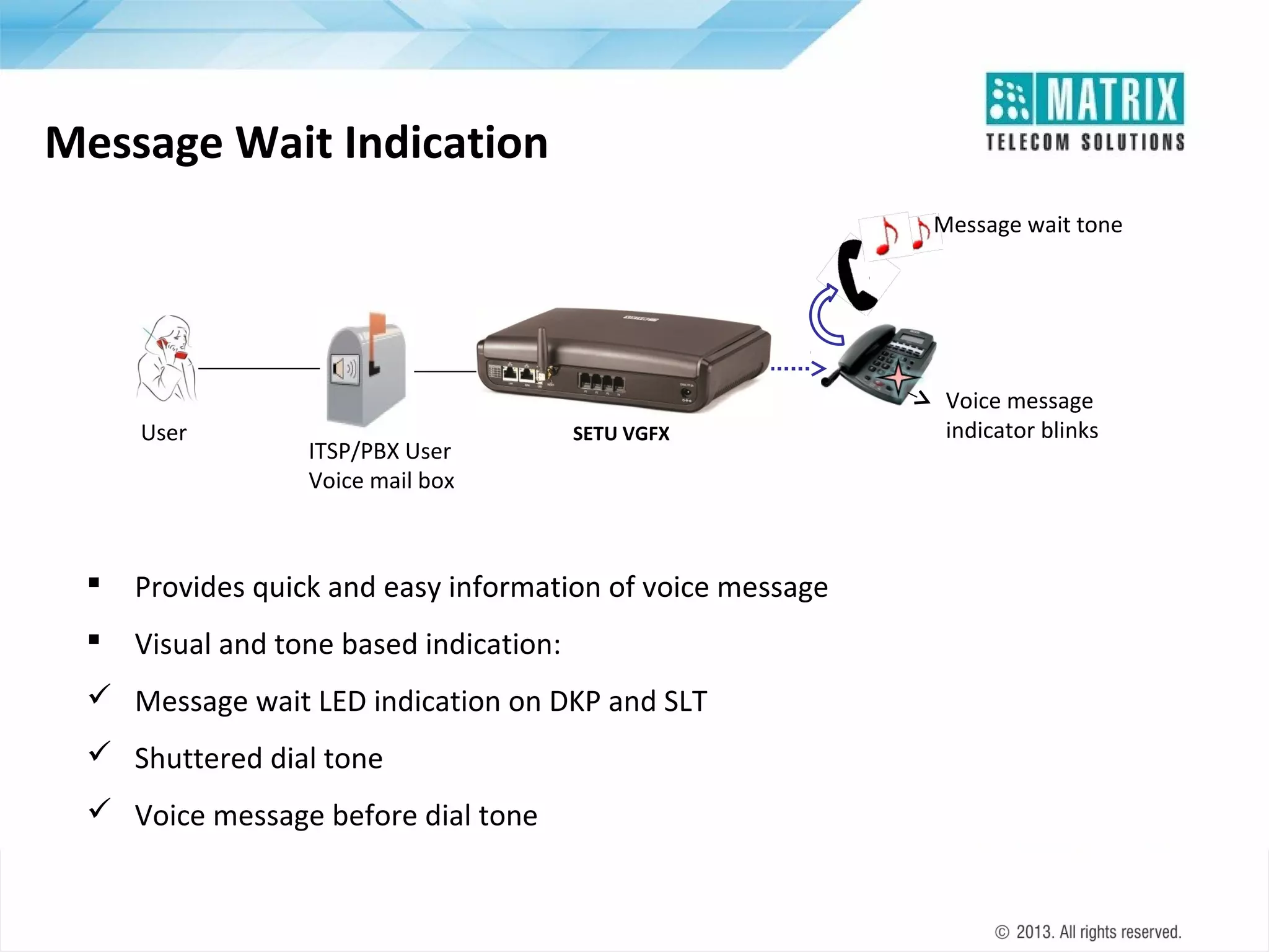 Message Wait Indication
Message wait tone

User

ITSP/PBX User
Voice mail box

SETU VGFX



Provides quick and easy information of voice message



Visual and tone based indication:

 Message wait LED indication on DKP and SLT
 Shuttered dial tone
 Voice message before dial tone

Voice message
indicator blinks

 