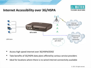 > > >

Internet Accessibility over 3G/HSPA

SETU VGFX

LAN Users

Internet network
gets down

Internet
3G/ HSPA/EDGE

Conventional
Internet
connection



Access high speed internet over 3G/HSPA/EDGE



Take benefits of 3G/HSPA data plans offered by various service providers



Ideal for locations where there is no wired internet connectivity available

 