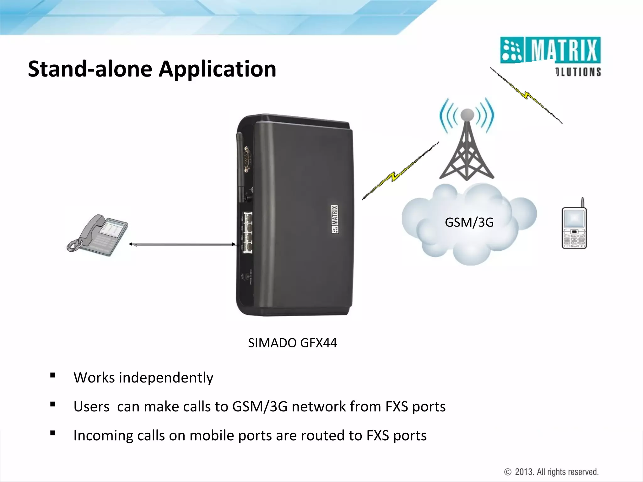 Stand-alone Application

GSM/3G

SIMADO GFX44



Works independently



Users can make calls to GSM/3G network from FXS ports



Incoming calls on mobile ports are routed to FXS ports

 